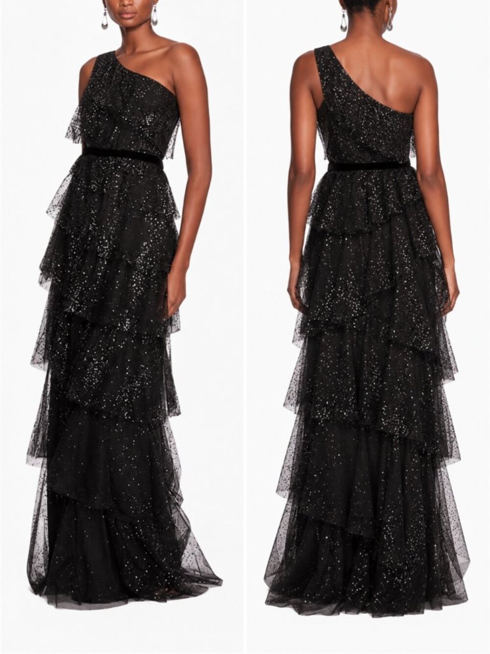 Marchesa Notte One-Shoulder Glitter Tulle Tiered Gown Black Size 12